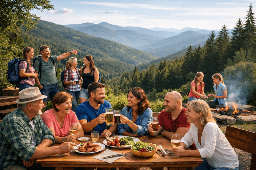 Gruppe von Freunden beim Gruppenurlaub im Thüringer Wald nahe Gehlberg